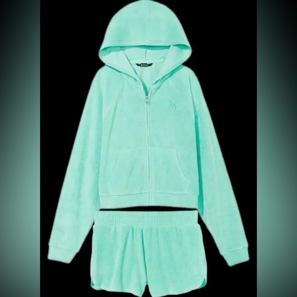 Victoria’s Secret Tourquoise Blue Green Cropped Zip-Up Sweater Terry Cloth Sz XS - Picture 5 of 16